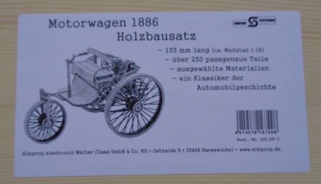Holzbausatz Motorwagen 1886, Länge 15,30 cm,Maßstab ca. 1:25