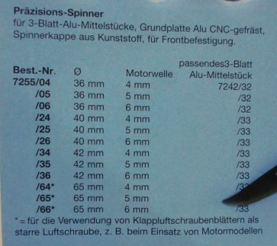 Präzisions-Spinner 3-Bl.  Ø 36 mm, für Motorwelle 6 mm,