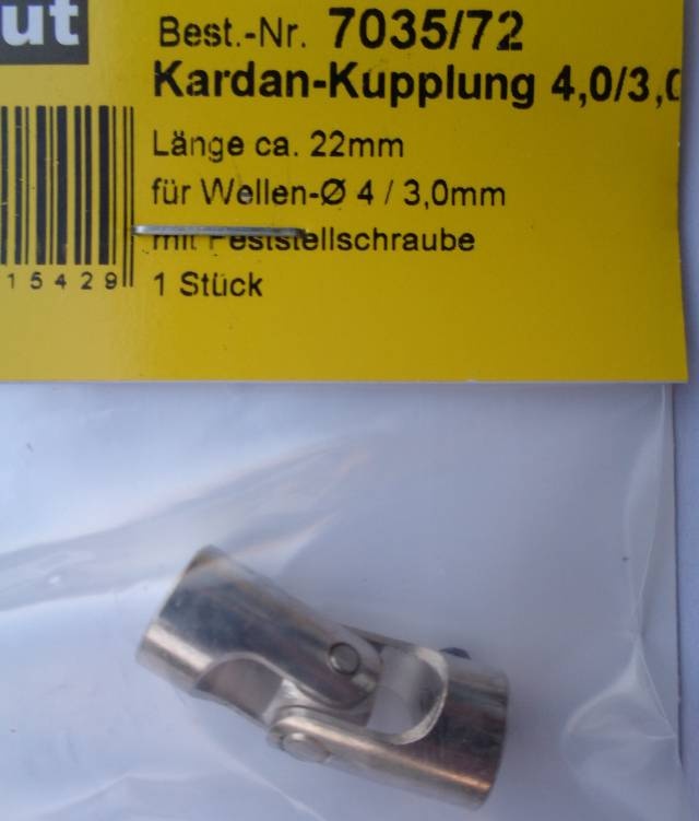 Kardan-Kupplung für Wellen-Ø 4,0/3,0 mit Feststellschraube