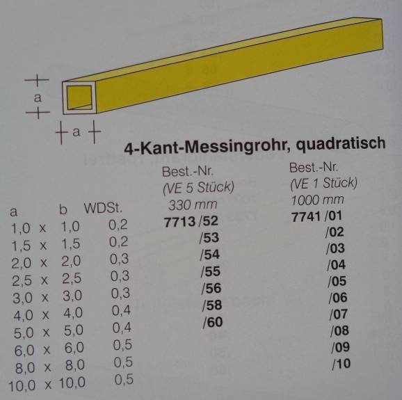 4-Kant-Messingrohr, quadratisch, 1,5 x 1,5 mm, WDST. 0,20 mm
